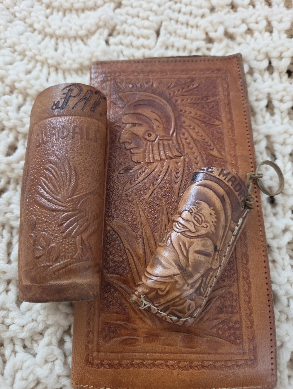 Vintage Hand Tooled Leather Wallet Billfold , Lighter Holder, Cigertte Holder